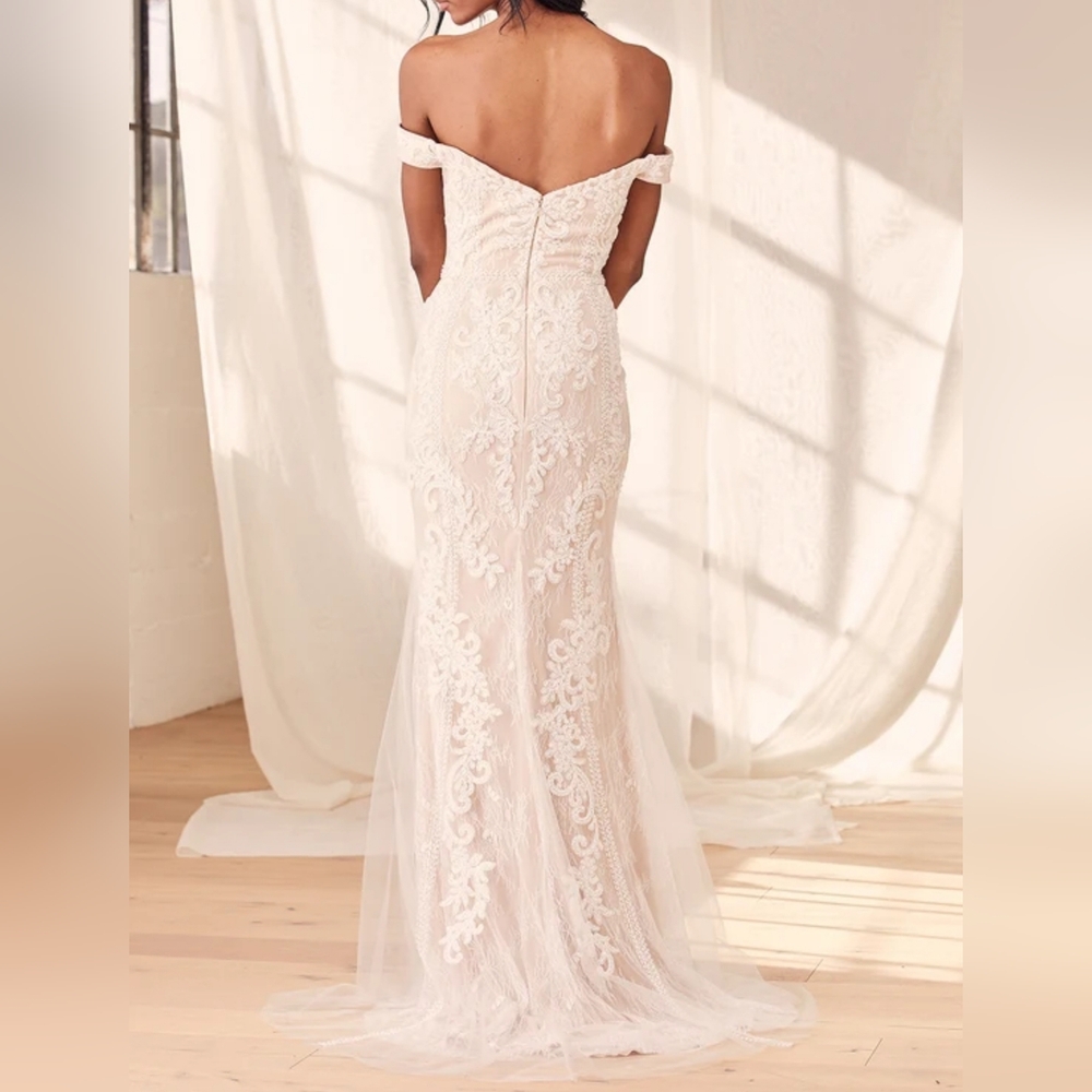 Lulu's Off-Shoulder Lace Wedding Dress - Cream - Picture 4 of 15